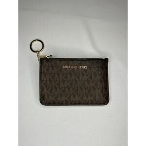 Michael Kors Brown MK Logo Zip Card Holder Wallet Key Ring ID Case Gold